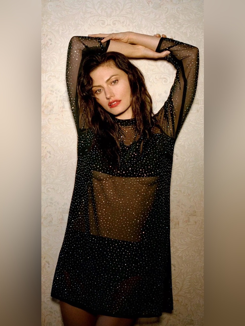 Eva Franco Black Sheer Long-Sleeve Rhinestone Shift Dress